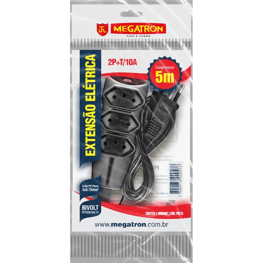 Extensao Eletrica 2P+T 5 Metros Preta Megatron
