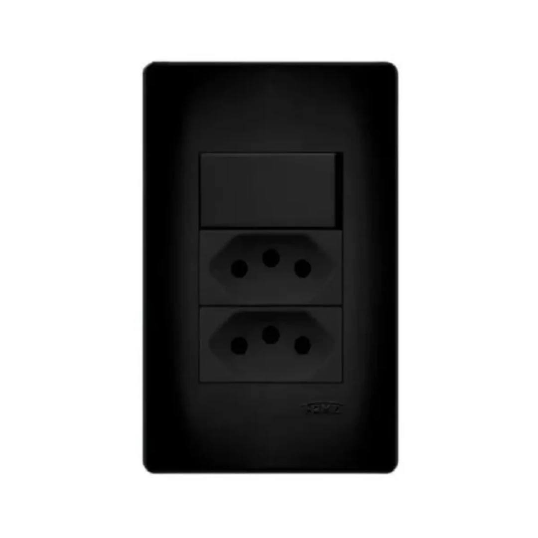 Interruptor Simples E Tomada Dupla 2P+T 10A 250V Habitat Black Fame 4064