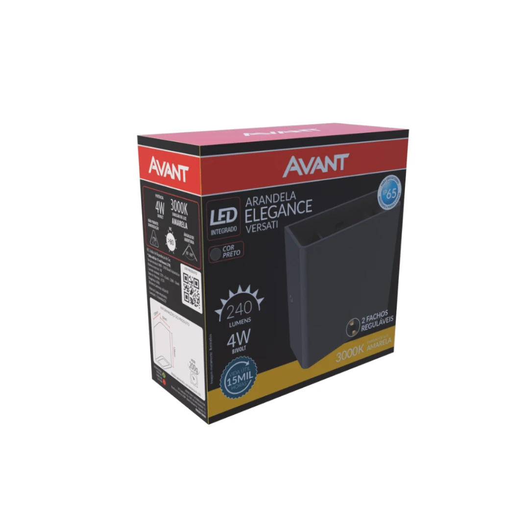 Arandela Led Elegance Preto Luz Amarela 3000K 4W Bivolt Avant