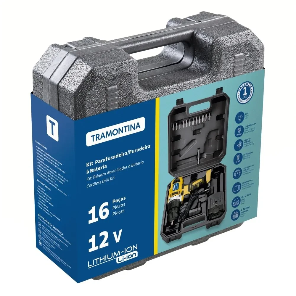 Parafusadeira/furadeira 12v bateria 16pcs tramontina