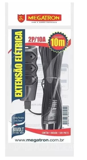 Extensao eletrica 2p+t 10 metros preta megatron