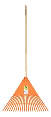 Vassoura plastica laranja 22 dentes com cabo de madeira para jardim tramontina